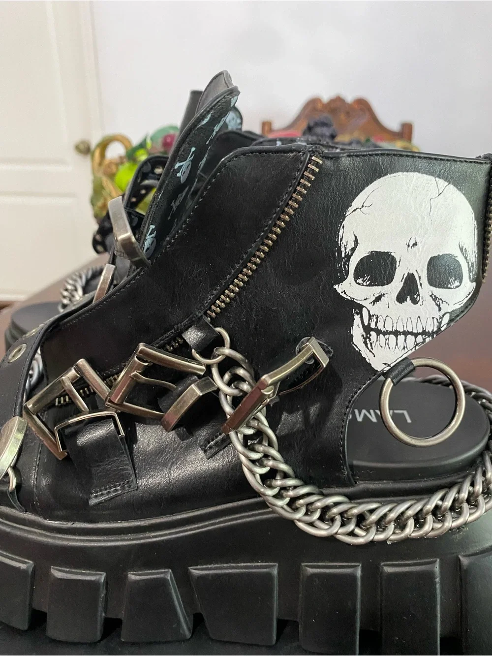 Black Platform Sandals with Skull Accent and Chain Detail